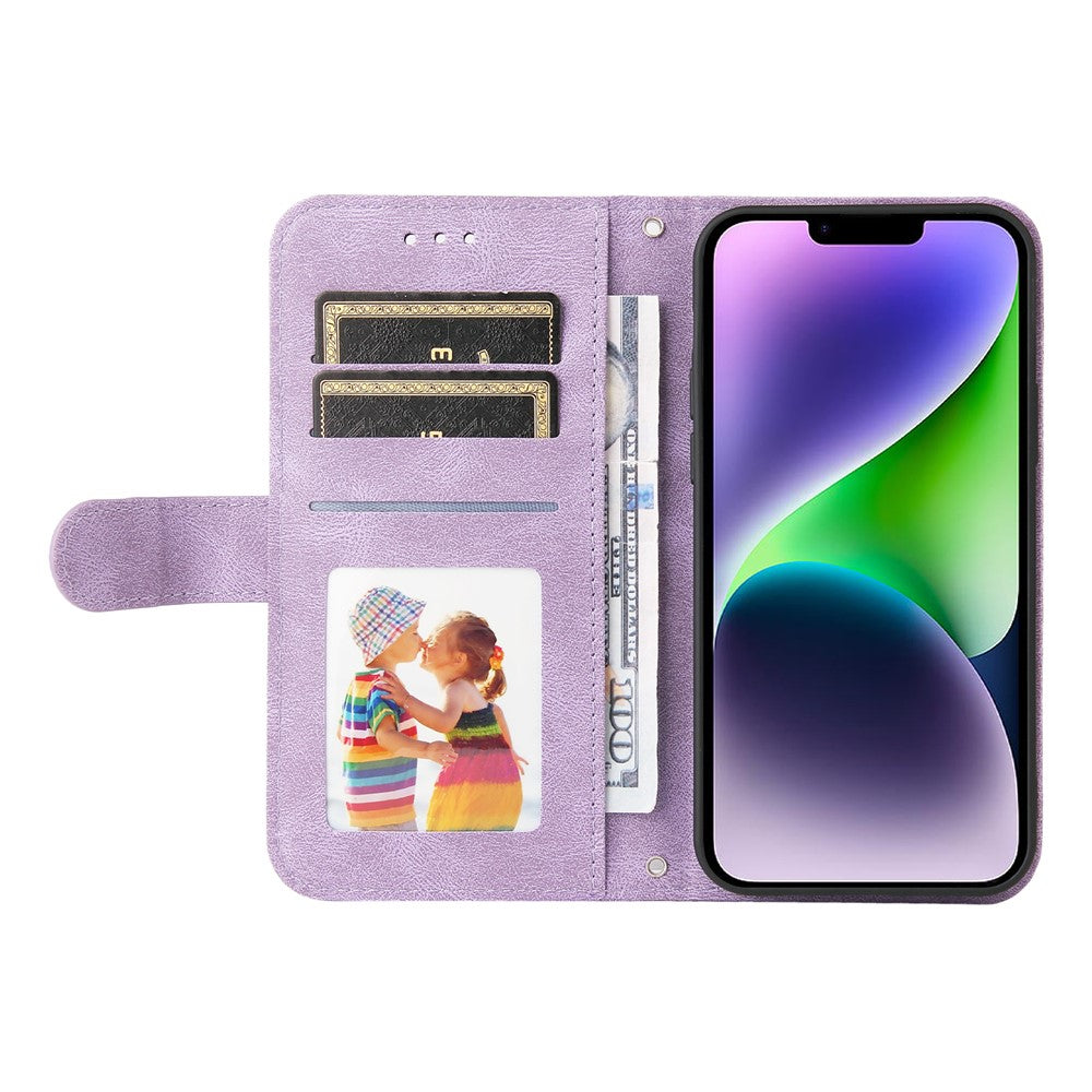 For iPhone 15 Plus Leather Wallet Cases Skin Touch Phone Cover Stand with Strap