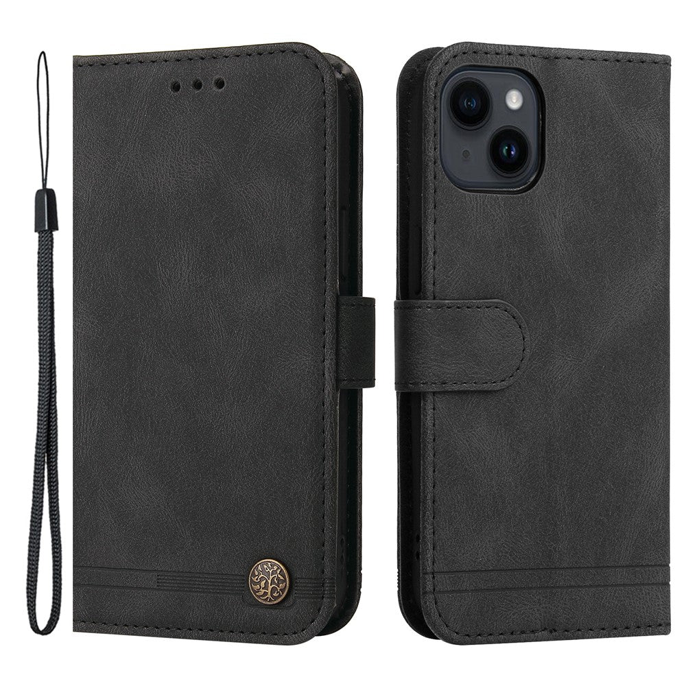 For iPhone 15 Plus Leather Wallet Cases Skin Touch Phone Cover Stand with Strap