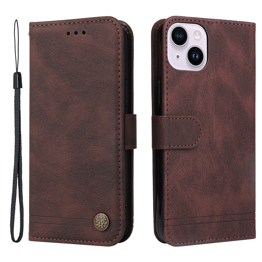For iPhone 15 Plus Leather Wallet Cases Skin Touch Phone Cover Stand with Strap