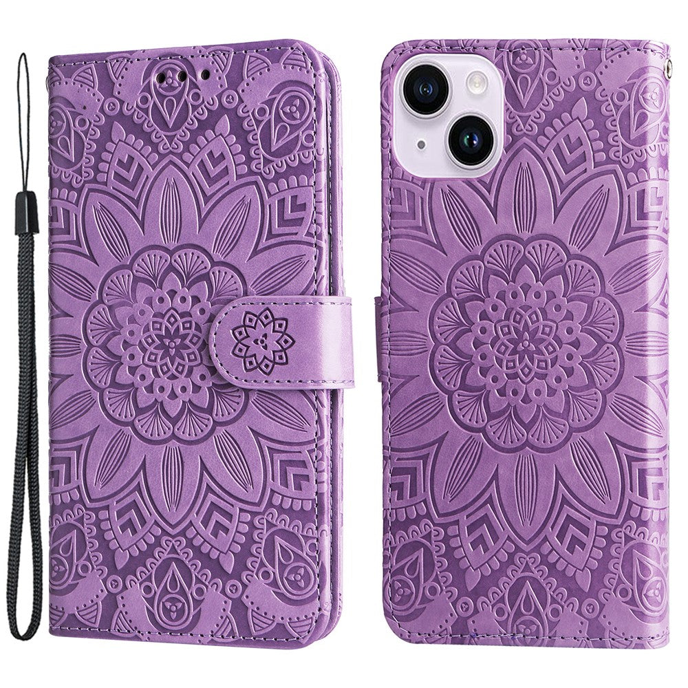 For iPhone 15 Plus Shockproof Sunflower Imprinted Stand PU Leather Cover Wallet Case