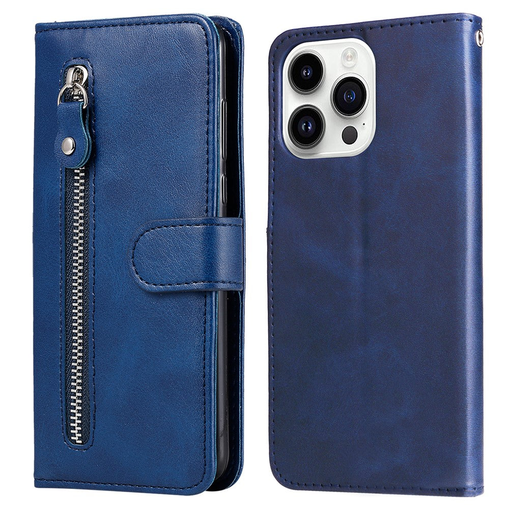 For iPhone 15 Pro Calf Texture Phone Case Zipper Pocket Wallet Foldable Stand Anti-Scratch Cell Phone Cover