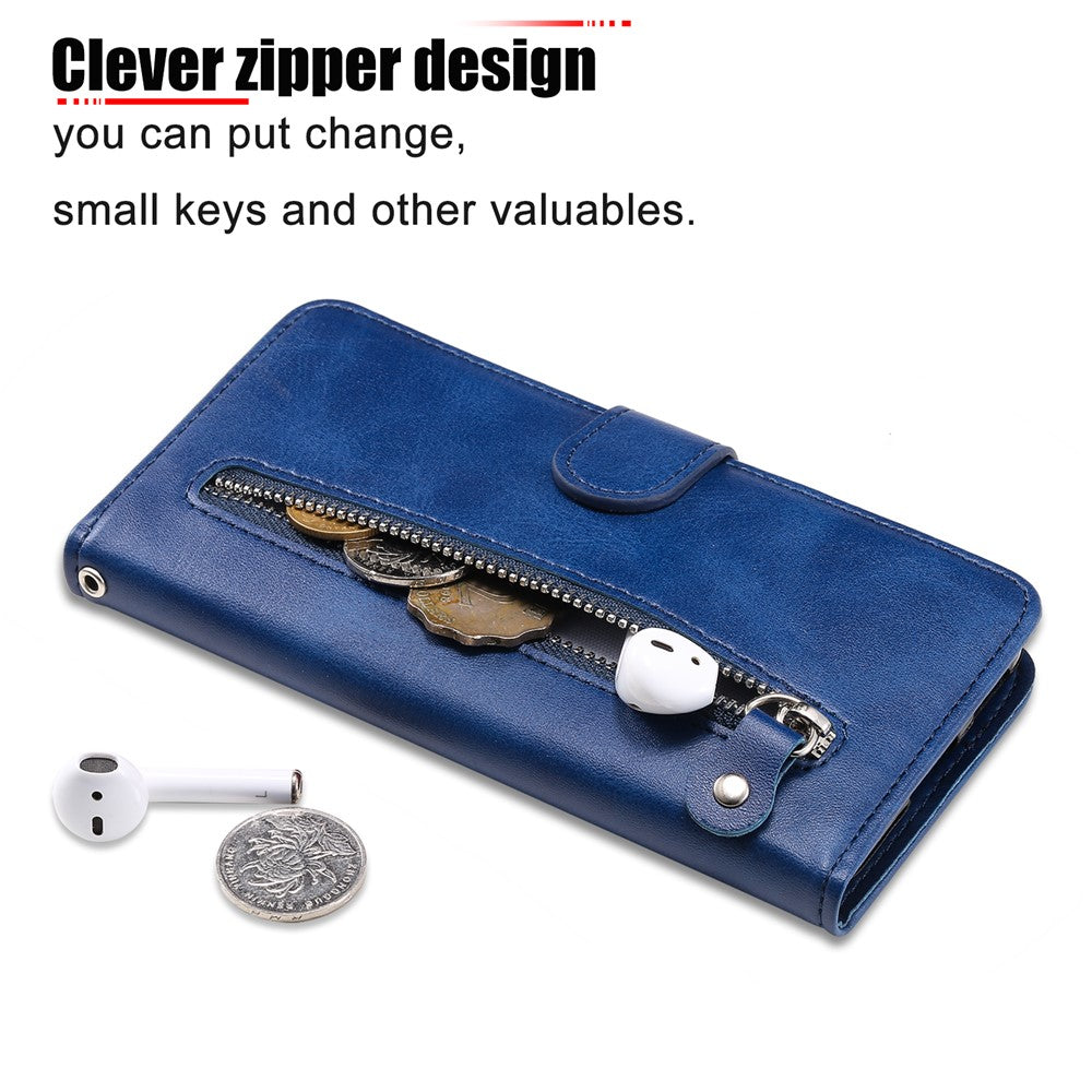 For iPhone 15 Pro Calf Texture Phone Case Zipper Pocket Wallet Foldable Stand Anti-Scratch Cell Phone Cover