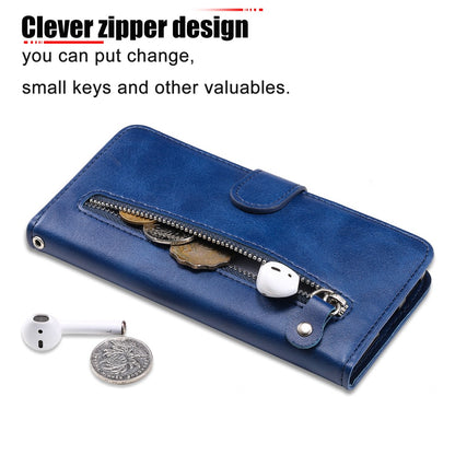 For iPhone 15 Pro Calf Texture Phone Case Zipper Pocket Wallet Foldable Stand Anti-Scratch Cell Phone Cover