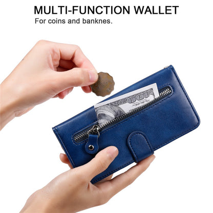 For iPhone 15 Pro Calf Texture Phone Case Zipper Pocket Wallet Foldable Stand Anti-Scratch Cell Phone Cover