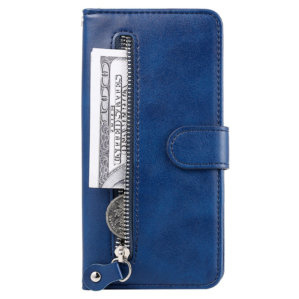 For iPhone 15 Pro Calf Texture Phone Case Zipper Pocket Wallet Foldable Stand Anti-Scratch Cell Phone Cover