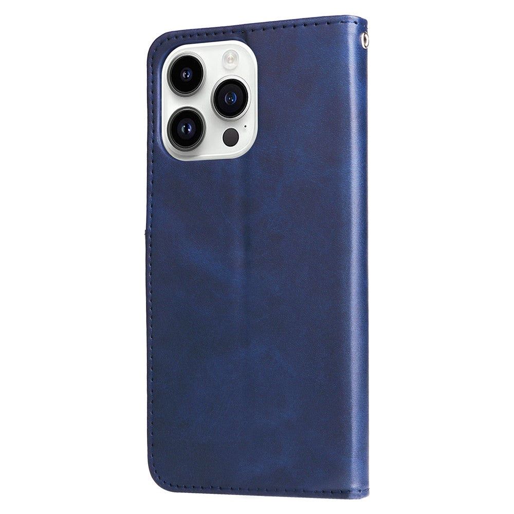 For iPhone 15 Pro Calf Texture Phone Case Zipper Pocket Wallet Foldable Stand Anti-Scratch Cell Phone Cover