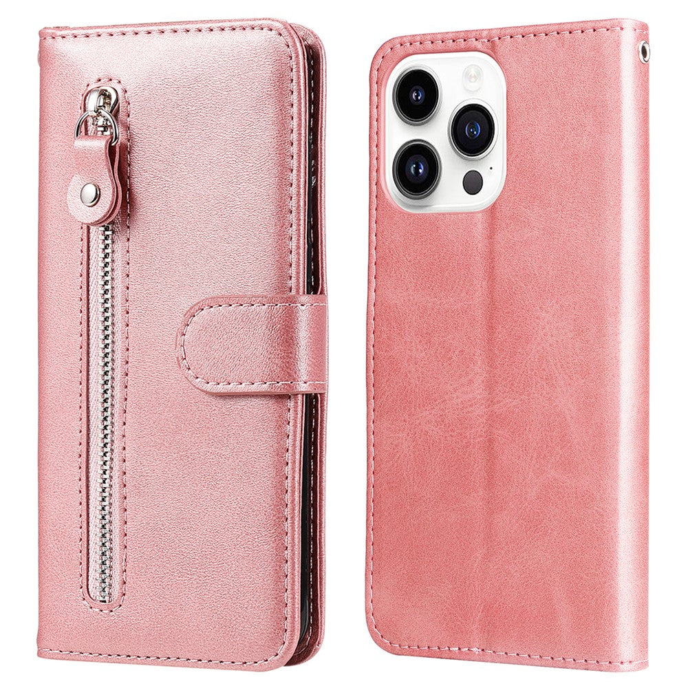 For iPhone 15 Pro Calf Texture Phone Case Zipper Pocket Wallet Foldable Stand Anti-Scratch Cell Phone Cover