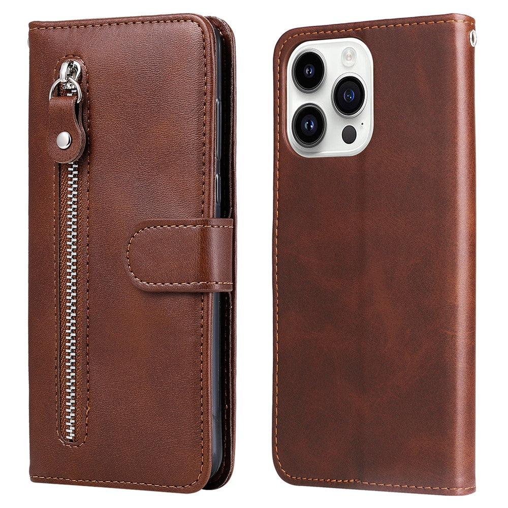 For iPhone 15 Pro Calf Texture Phone Case Zipper Pocket Wallet Foldable Stand Anti-Scratch Cell Phone Cover