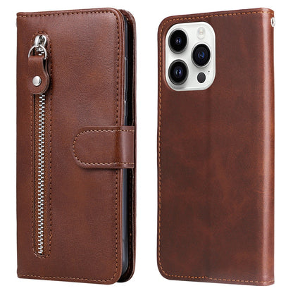 For iPhone 15 Pro Calf Texture Phone Case Zipper Pocket Wallet Foldable Stand Anti-Scratch Cell Phone Cover