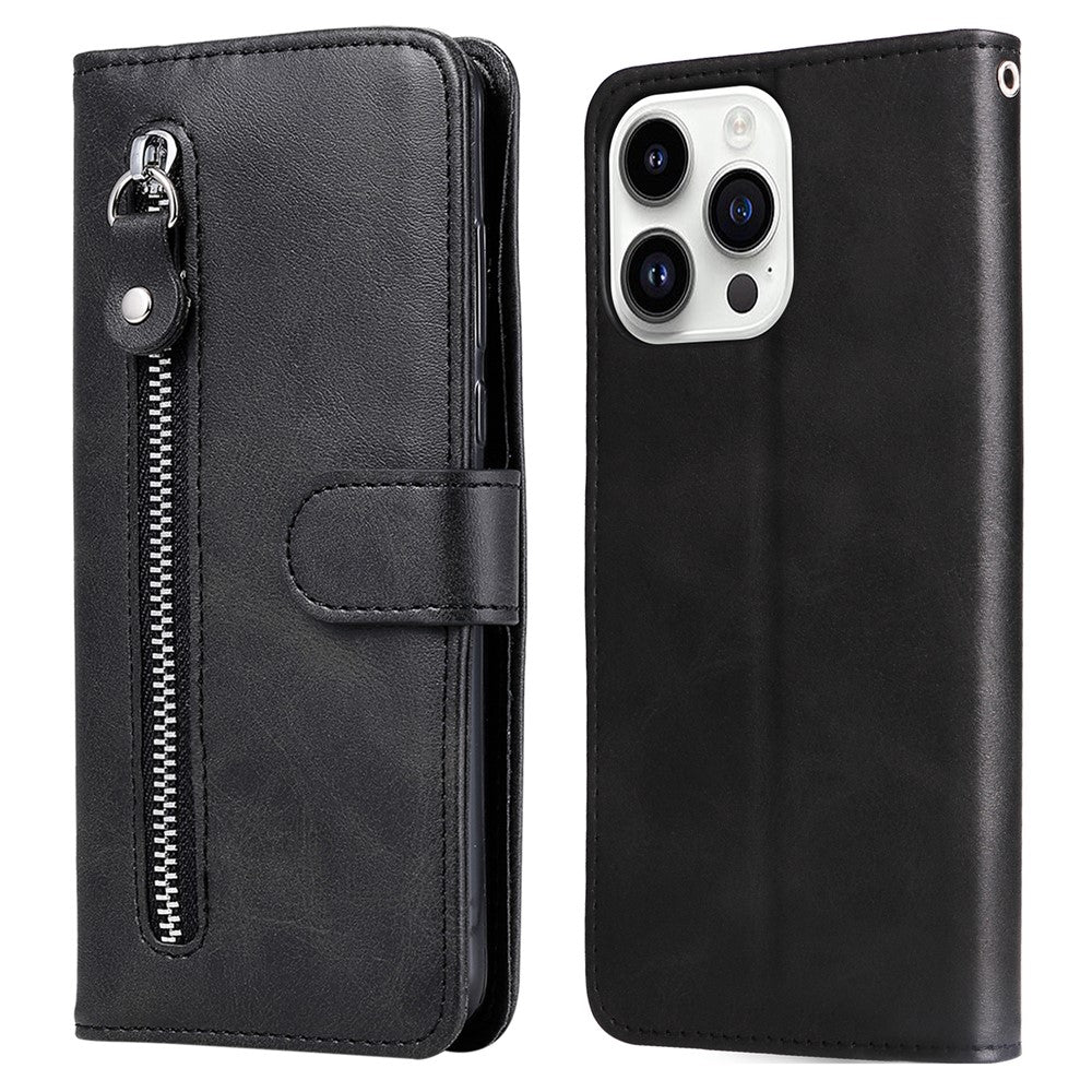 For iPhone 15 Pro Calf Texture Phone Case Zipper Pocket Wallet Foldable Stand Anti-Scratch Cell Phone Cover