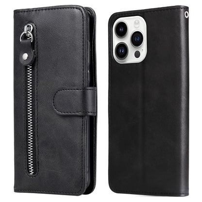 For iPhone 15 Pro Calf Texture Phone Case Zipper Pocket Wallet Foldable Stand Anti-Scratch Cell Phone Cover