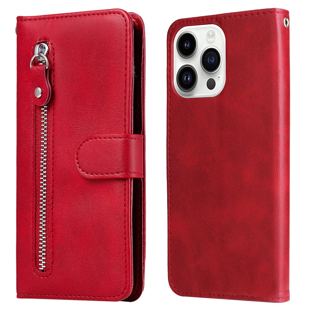 For iPhone 15 Pro Calf Texture Phone Case Zipper Pocket Wallet Foldable Stand Anti-Scratch Cell Phone Cover