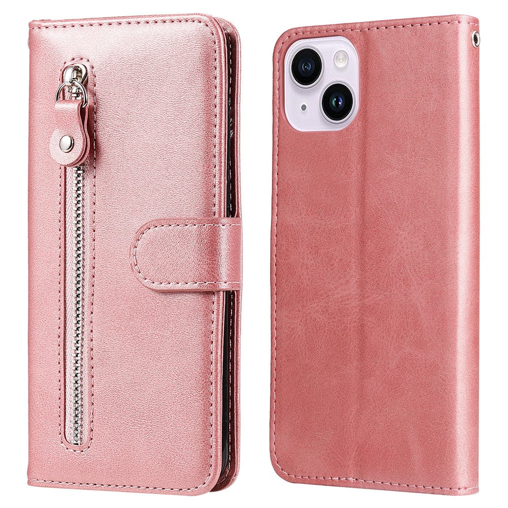 Wallet Foldable Stand Cover For iPhone 15 Plus Anti-Scratch Calf Texture Phone Case Zipper Pocket Phone Shell
