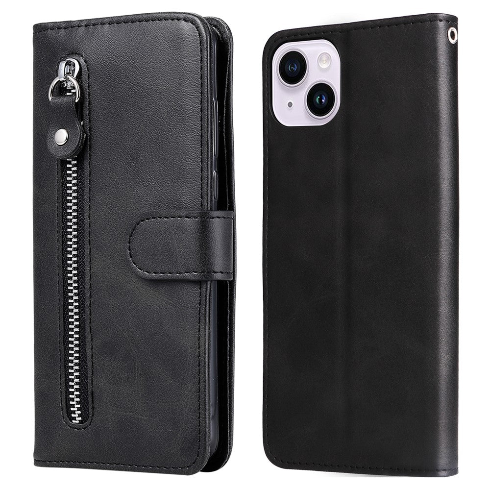 Wallet Foldable Stand Cover For iPhone 15 Plus Anti-Scratch Calf Texture Phone Case Zipper Pocket Phone Shell