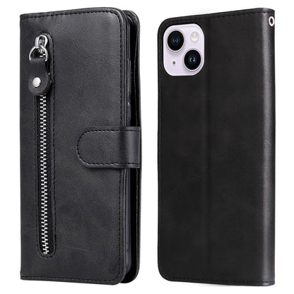 Wallet Foldable Stand Cover For iPhone 15 Plus Anti-Scratch Calf Texture Phone Case Zipper Pocket Phone Shell