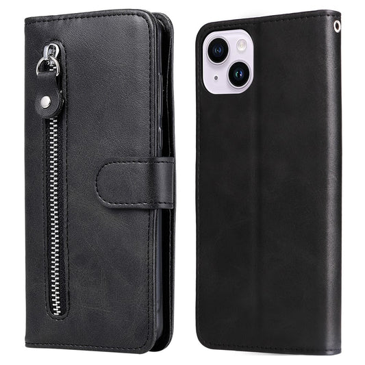 For iPhone 15 Anti-Scratch Calf Texture Phone Case Wallet Foldable Stand Cover with Zipper Pocket