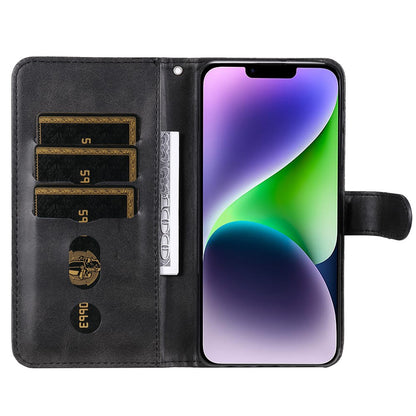 For iPhone 15 Anti-Scratch Calf Texture Phone Case Wallet Foldable Stand Cover with Zipper Pocket