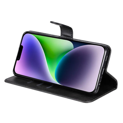 For iPhone 15 Anti-Scratch Calf Texture Phone Case Wallet Foldable Stand Cover with Zipper Pocket