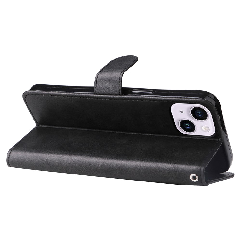 For iPhone 15 Anti-Scratch Calf Texture Phone Case Wallet Foldable Stand Cover with Zipper Pocket