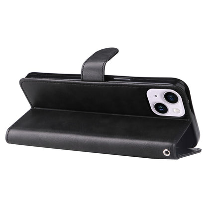 For iPhone 15 Anti-Scratch Calf Texture Phone Case Wallet Foldable Stand Cover with Zipper Pocket