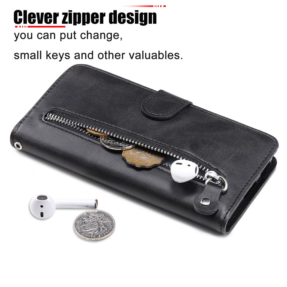 For iPhone 15 Anti-Scratch Calf Texture Phone Case Wallet Foldable Stand Cover with Zipper Pocket