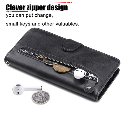 For iPhone 15 Anti-Scratch Calf Texture Phone Case Wallet Foldable Stand Cover with Zipper Pocket