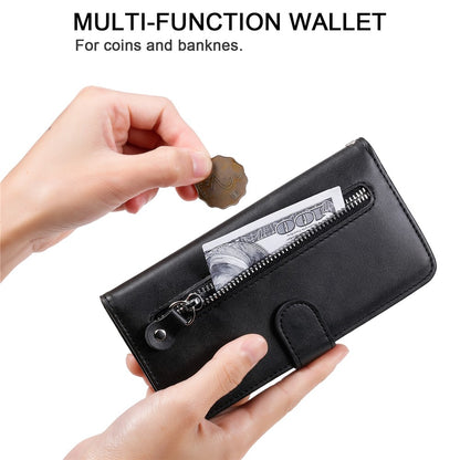 For iPhone 15 Anti-Scratch Calf Texture Phone Case Wallet Foldable Stand Cover with Zipper Pocket