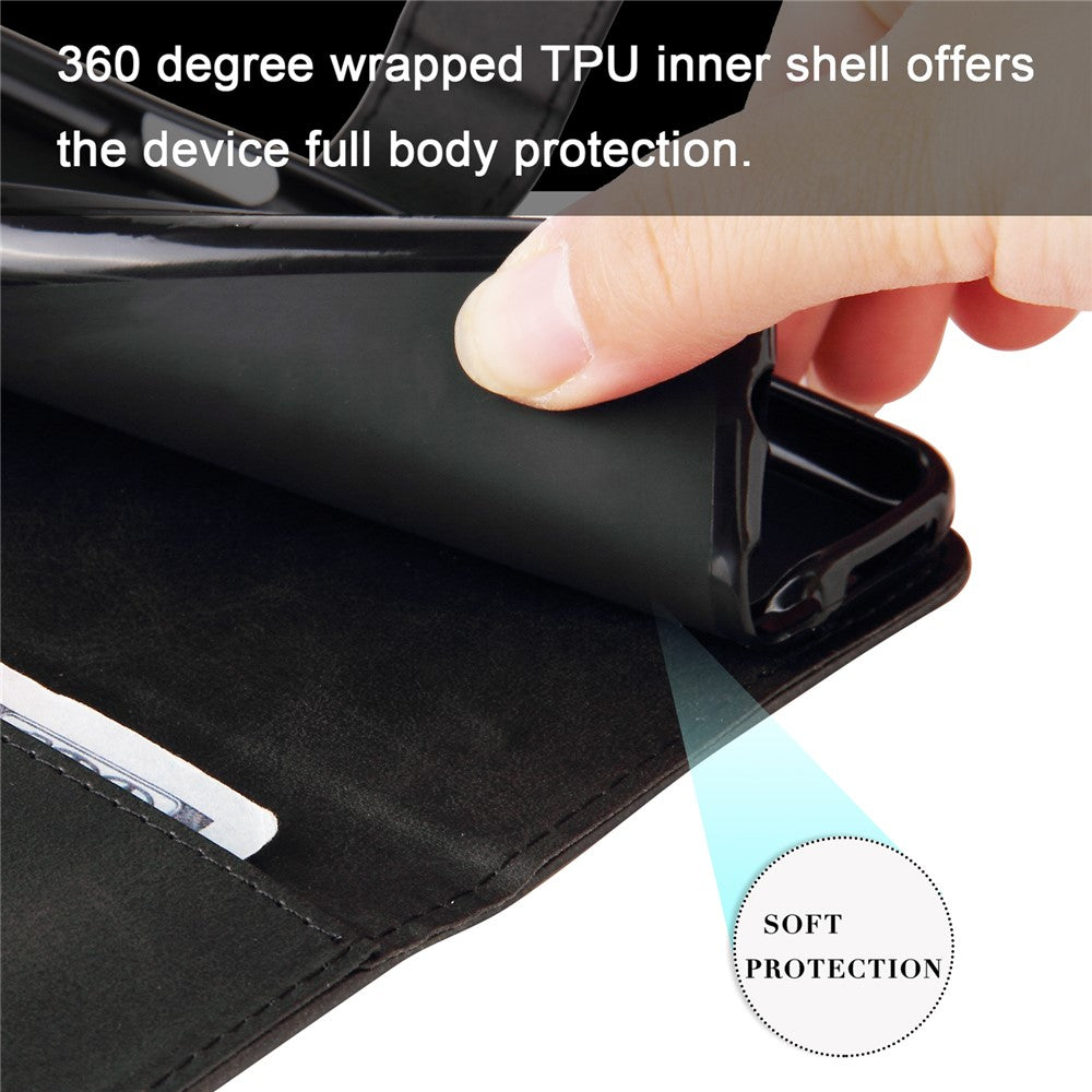 For iPhone 15 Anti-Scratch Calf Texture Phone Case Wallet Foldable Stand Cover with Zipper Pocket