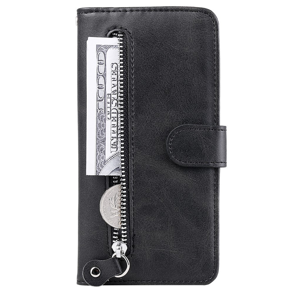 For iPhone 15 Anti-Scratch Calf Texture Phone Case Wallet Foldable Stand Cover with Zipper Pocket