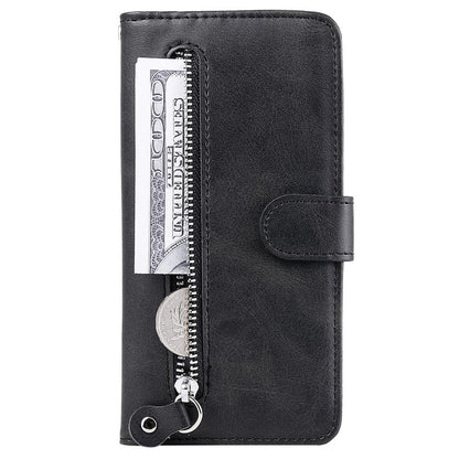 For iPhone 15 Anti-Scratch Calf Texture Phone Case Wallet Foldable Stand Cover with Zipper Pocket