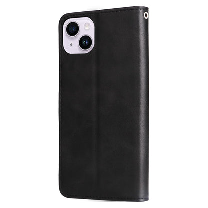 For iPhone 15 Anti-Scratch Calf Texture Phone Case Wallet Foldable Stand Cover with Zipper Pocket