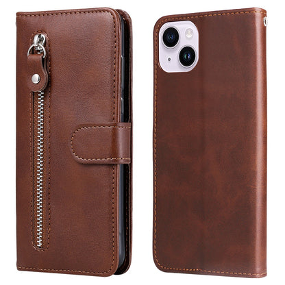 For iPhone 15 Anti-Scratch Calf Texture Phone Case Wallet Foldable Stand Cover with Zipper Pocket