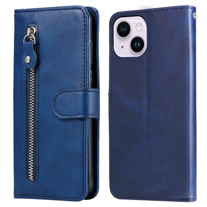 For iPhone 15 Anti-Scratch Calf Texture Phone Case Wallet Foldable Stand Cover with Zipper Pocket