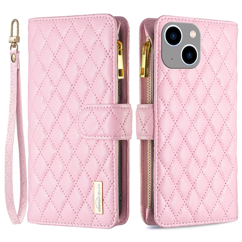 BINFEN COLOR BF Style-15 For iPhone 15 Wallet Phone Stand Shell Flip Case Zipper Pocket Leather Cover