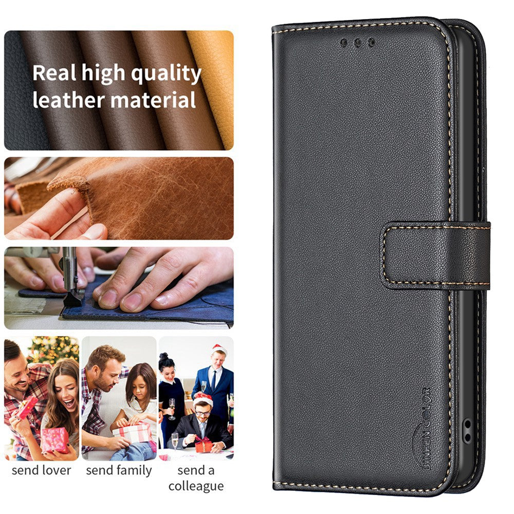 BINFEN COLOR BF17 For iPhone 15 Phone Cover Stand Design Wallet TPU+PU Leather Phone Case