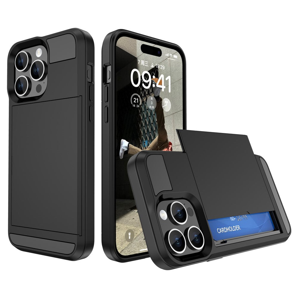 For iPhone 15 Pro Max PC+TPU Phone Cover Sliding Card Holder Anti-drop Back Case