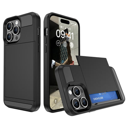 For iPhone 15 Pro Max PC+TPU Phone Cover Sliding Card Holder Anti-drop Back Case
