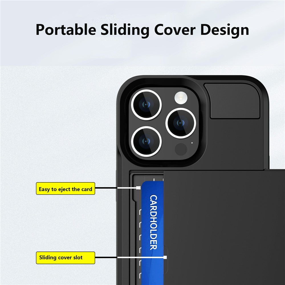 For iPhone 15 Pro Max PC+TPU Phone Cover Sliding Card Holder Anti-drop Back Case