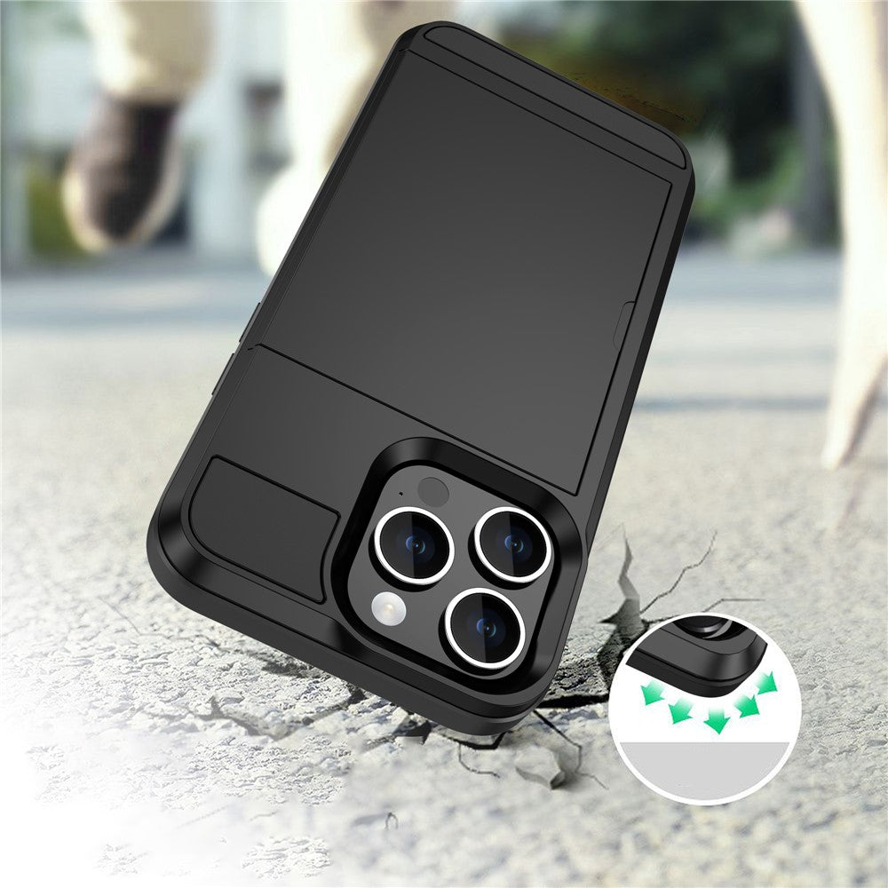 For iPhone 15 Pro Max PC+TPU Phone Cover Sliding Card Holder Anti-drop Back Case