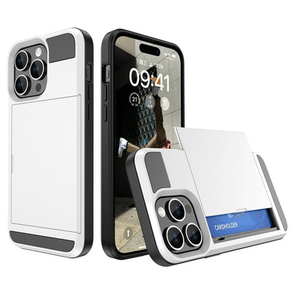 For iPhone 15 Pro Max PC+TPU Phone Cover Sliding Card Holder Anti-drop Back Case