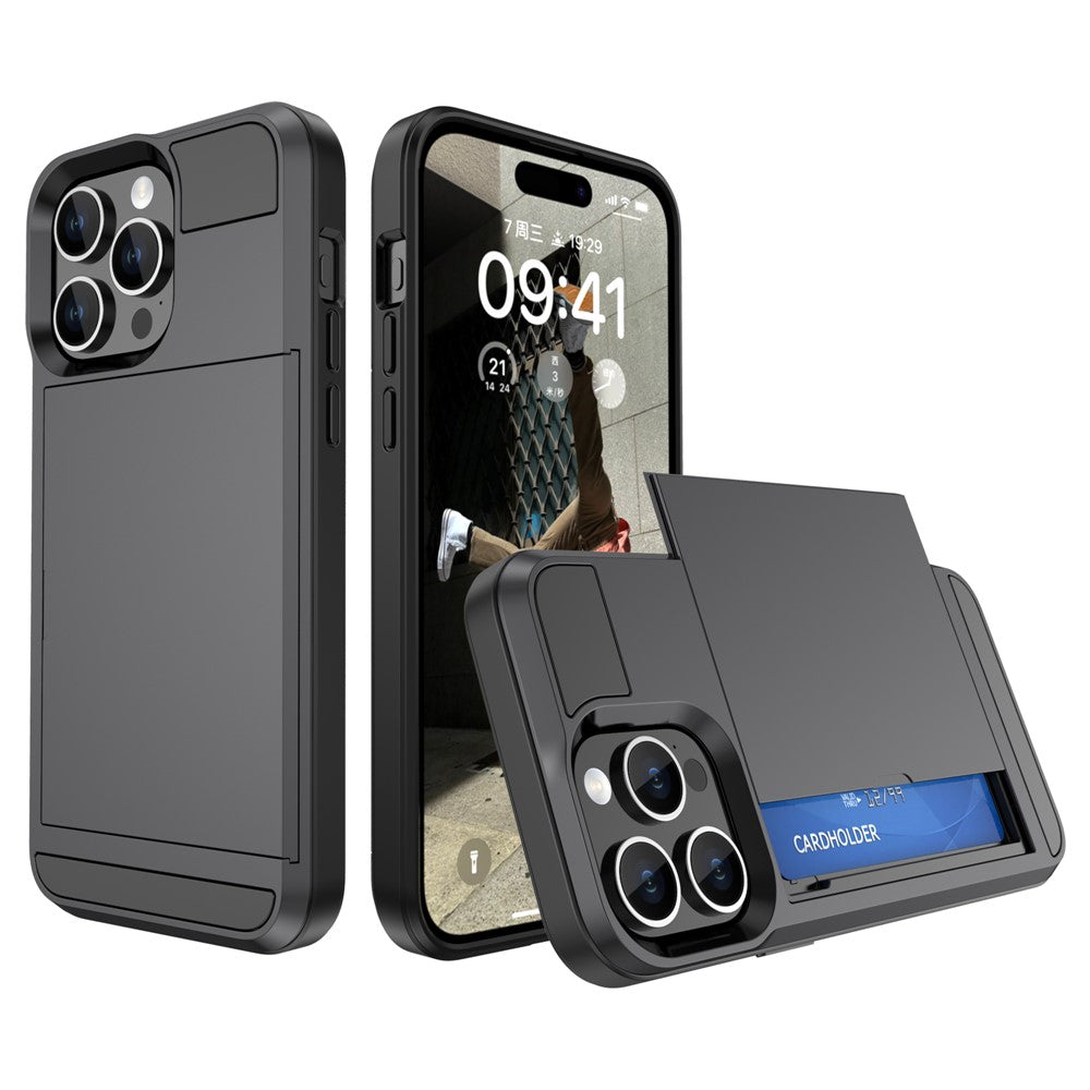 For iPhone 15 Pro Max PC+TPU Phone Cover Sliding Card Holder Anti-drop Back Case