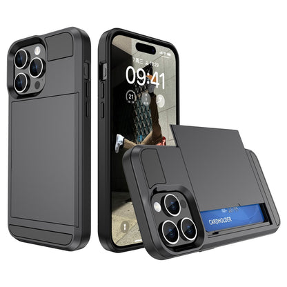 For iPhone 15 Pro Max PC+TPU Phone Cover Sliding Card Holder Anti-drop Back Case