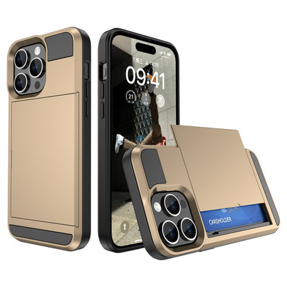 For iPhone 15 Pro Max PC+TPU Phone Cover Sliding Card Holder Anti-drop Back Case