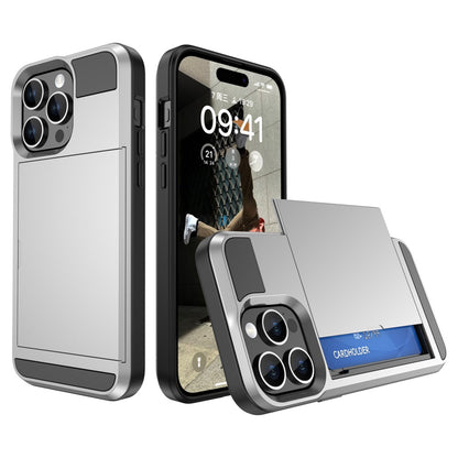 For iPhone 15 Pro Max PC+TPU Phone Cover Sliding Card Holder Anti-drop Back Case