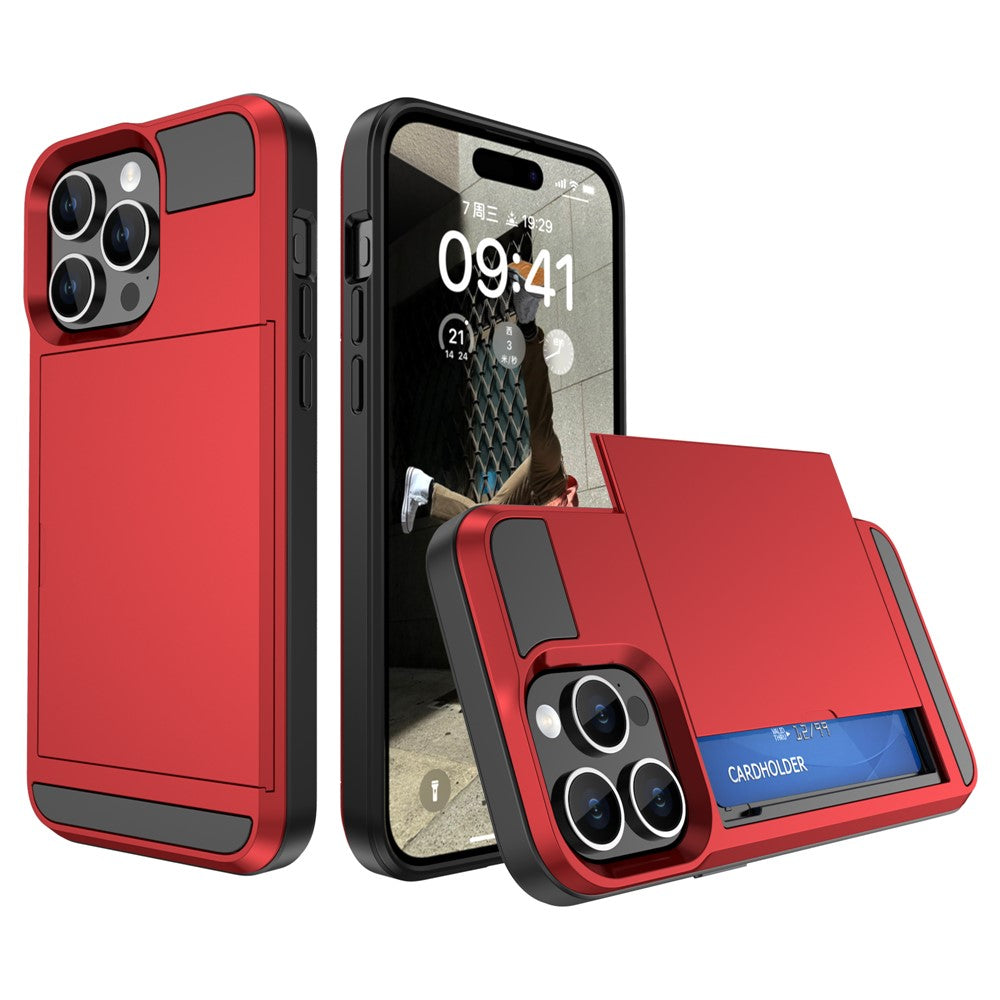 For iPhone 15 Pro Max PC+TPU Phone Cover Sliding Card Holder Anti-drop Back Case