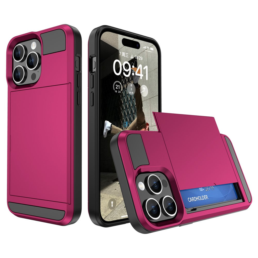 For iPhone 15 Pro Max PC+TPU Phone Cover Sliding Card Holder Anti-drop Back Case