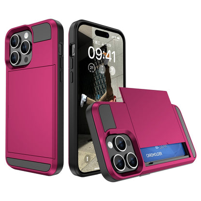 For iPhone 15 Pro Max PC+TPU Phone Cover Sliding Card Holder Anti-drop Back Case