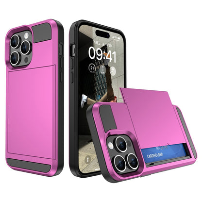 For iPhone 15 Pro Max PC+TPU Phone Cover Sliding Card Holder Anti-drop Back Case