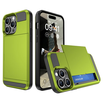 For iPhone 15 Pro Max PC+TPU Phone Cover Sliding Card Holder Anti-drop Back Case
