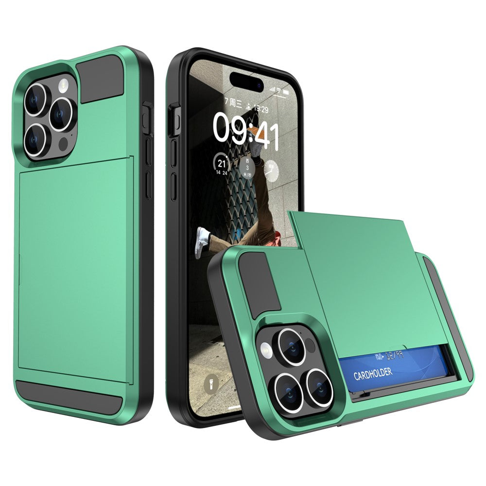 For iPhone 15 Pro Max PC+TPU Phone Cover Sliding Card Holder Anti-drop Back Case